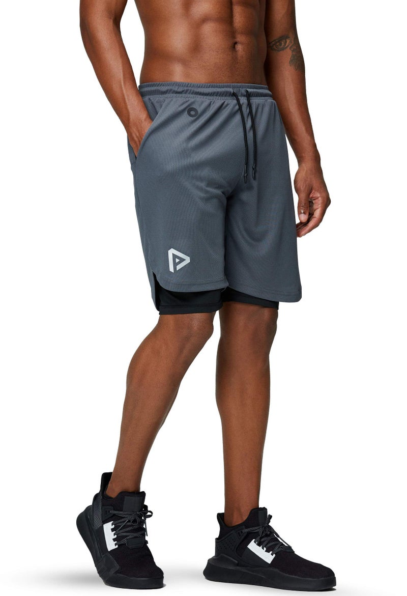Pinkbomb Men's 2 in 1 Running Shorts Gym Workout Quick Dry Mens Shorts with Phone Pocket (Grey, Medium) - Image 4